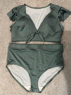 Olive Green Two-Piece Swim Set with Tie-Front Top